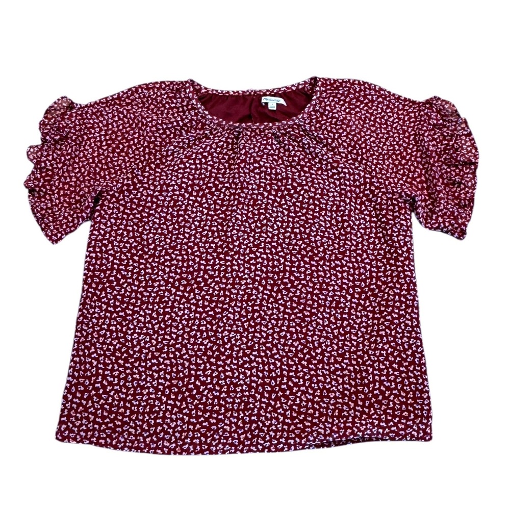 Madewell Memento Flouncy Ruffle Sleeve Top S Wine Floral Boho Coqette EUC